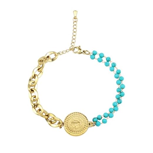 Silvershake Pulseira Feminina SueBue 3 mm Sintética Verde Turquesa Banhado a Ouro Amarelo 14 K Cruz de Medalha de São Bento / Religião/Cristã 16,75 a 21,5 cm, Small, Aço inoxidável Aço inoxidável