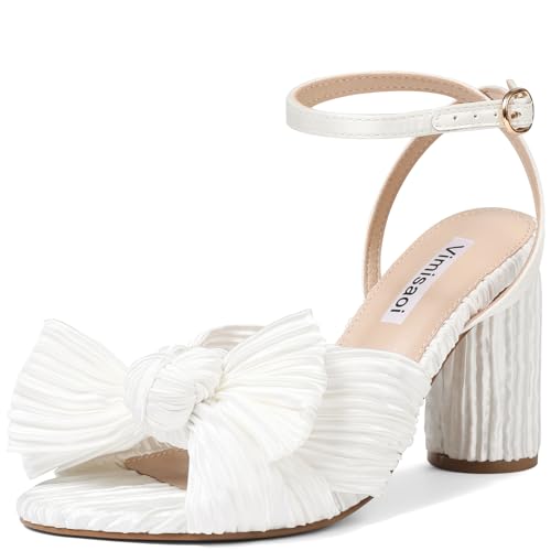 VIMISAOI Women's Bow Knot Heeled Sandals Open Toe High Block Chunky Heels Ankle Buckle Strap Pleated Bride Wedding Party Dress Shoes