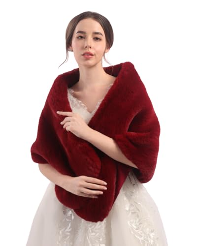 Aimimier Bridal Faux Fur Wrap Wedding Fur Stole with Brooch Evening Party Warm Shrug Cape for Women(Red)