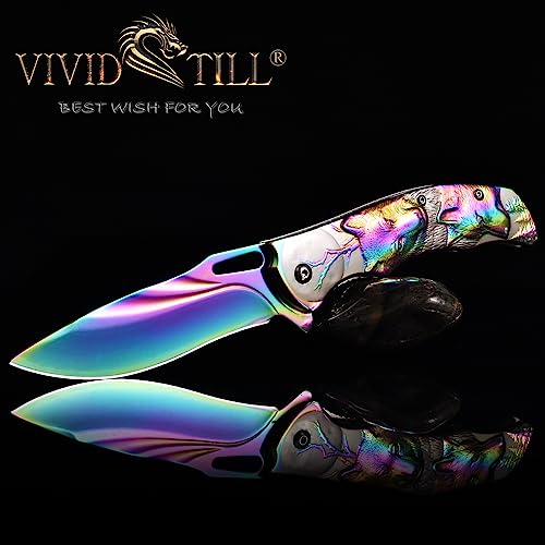Vividstill Pocket Knife for Men, Folding Knife With Clip & 3D TITANIUM PLATED WOLF Relief, Embossed Edc Knife For Men Outdoor Survival Camping Hiking hunting (Rainbow)