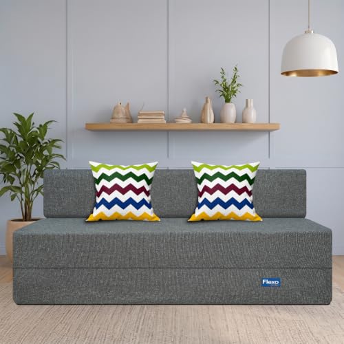 Image of Starlon 3 Seater Foldable Sofa Cum Bed 3-in-1 with 2 Waves Pattern Pillows, Washable Jute Fabric Cover, Space Saving Guest Bed, Ash Gray 6x6 Ft