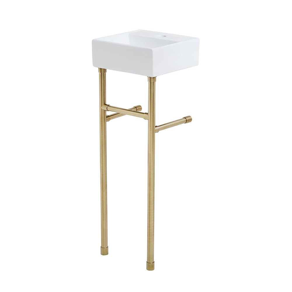 Milano Dalton White Ceramic Square 1 Tap Hole Bathroom Basin Sink Brass Washstand - 280mm x 280mm