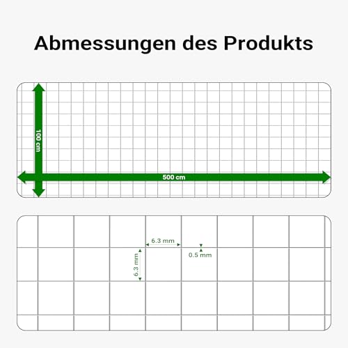 Wiltec Volierendraht 1 x 5 m, Hasendraht mit 6,3 mm Maschenweite viereckig, Kaninchendraht Stahl verzinkt, wetterfester Hühnerdraht für Gehege