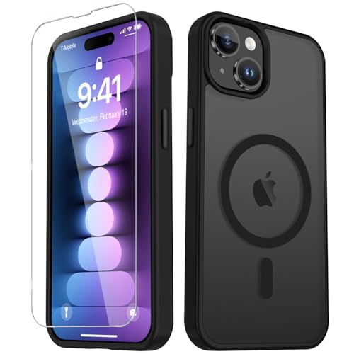 Image of YENAPOON for iPhone 15 Plus Case, iPhone 14 Plus Case, Matte Magnetic Phone Cover with 1 Screen Protector [Support for MagSafe] [Shockproof Military Grade Protection] Translucent Frosted Back, Black
