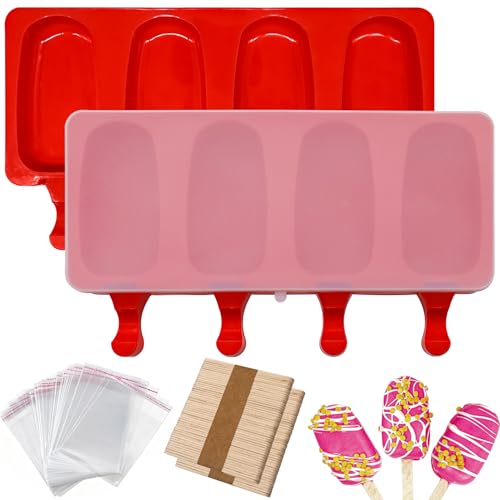 2Pcs Ice Lolly Moulds with 100 Wooden Sticks and 100 Cellophane Bags Silicone Popsicle Cake Lolly Mould Homemade Oval Popsicle Maker for DIY Ice Cream