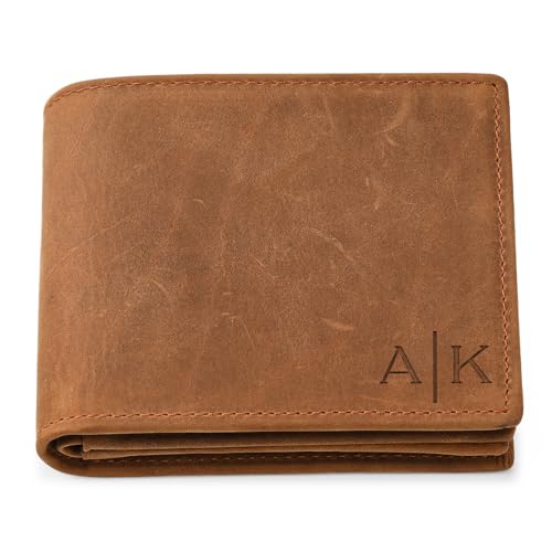 Onedor Leather Wallet for Men, Personalized Custom Mens Wallet, RFID Blocking, Bifold Wallet with ID Windows, Zipper Compartment, 6 Card Slots, 2 Bill Slots, Customized Gift for Him (Light Brown)