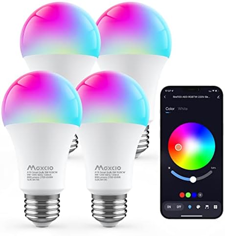 Maxcio Smart LED Light Bulb Dimmable, RGBCW Color Changing Light Bulbs, Music Sync, Bluetooth Light Bulb with APP Control, A19 E26 9W 60W Equivalent, No Hub Required, 4 Pack(Not Support WiFi/Alexa)