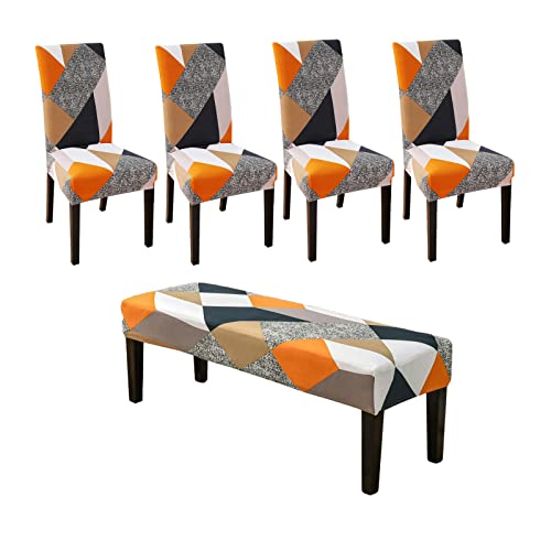 HAOYONG Dining Room Chair Cover Printed Chair Slipcover Washable Parsons Chair Slipcover Removable Seat Protector for Dining Room Hotel Ceremony Restaurant - 4 PCS Chair Cover+1 PC Bench Cover