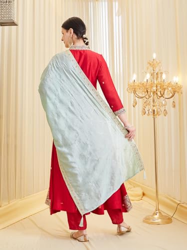 Image of MOKOSH Women's Silk Embroidery Anarkali Kurta Pant with Dupatta | Anarkali Kurta Set |Embroidered |V Neck Full Sleeve Ethnic Suit |3 Piece Outfit