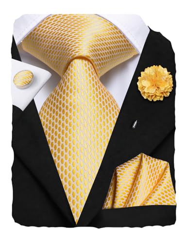 Image of Hi-Tie Men's Tie Lapel Pin Set Pocket Square Cufflinks Formal Woven Silk Tie Sets Wedding Party
