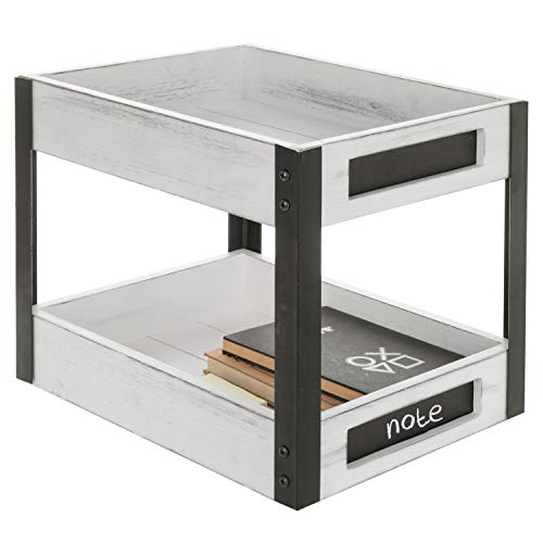 MyGift 2-Tier Vintage White Wood and Metal Document Tray Rack with Chalkboard Labels