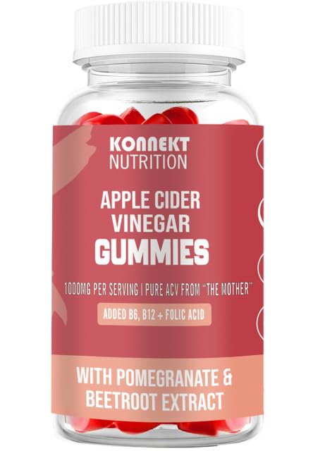 Apple Cider Vinegar Gummies with The Mother 1000mg - 60 Vegan Gummies - Pomegranate and Beetroot Powder - with Vitamin B6, B12 & Folic Acid Included - Strawberry Flavour