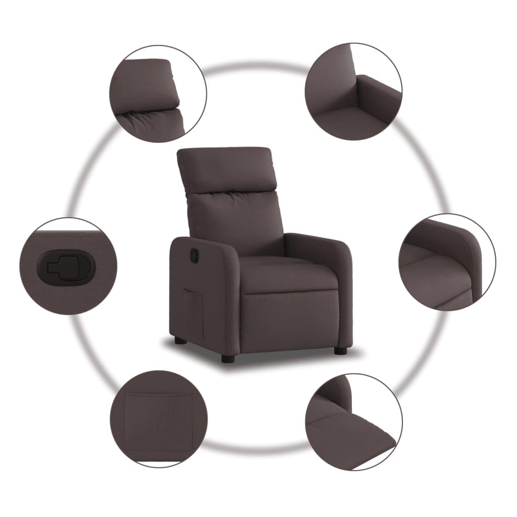 Fotel relaksacyjny, ciemnobrązowy materiał z ręczną funkcją leżenia, regulowane oparcie i podłokietniki, drewniana metalowa rama, ergonomiczny fotel do salonu i kącika do czytania