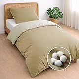 Dreamzie Housse de Couette 140x200 Réversible en Coton   Beige   Parure de lit 2 Pièces avec 1 Taie 65x65 + 1 Housse de Couette Bicolore   Oeko Tex   Lavable à 40°C