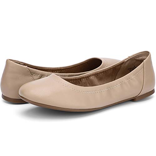 KOLILI Women's Ballet Flat Classic Round Toe Walking Shoes Casual Ladies Faux Leather Flat Shoes Beige