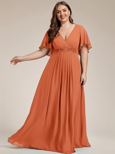 Image of Ever-Pretty Short Sleeves V Neck Plus Size Formal Dresses for Curvy Women Chiffon Mother of The Bride Dress Evening Gowns