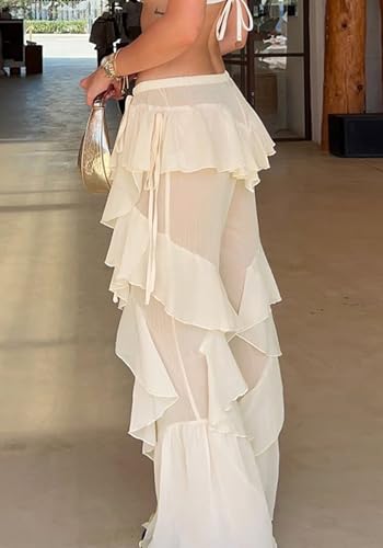 Seltaon Women Sexy Ruffle Sheer Mesh Pants Swimsuit Bikini Bottom Cover up Pants Trousers Club Y2k Concert Outfits4