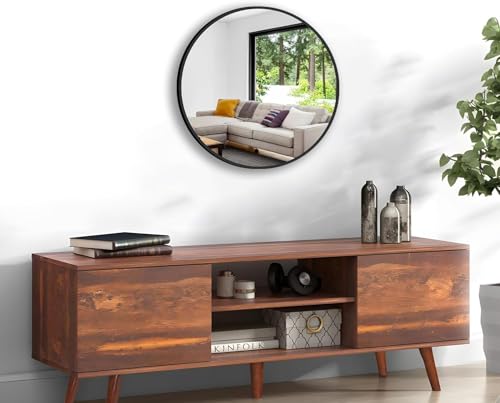 Image of Round Wall Mirror with Durable Wooden Frame - 18 inch (Black) | Modern Decorative Wall Hanging Mirror for Bathroom, Bedroom, Basin, Dressing Table, Entryway & Home Interior Decor