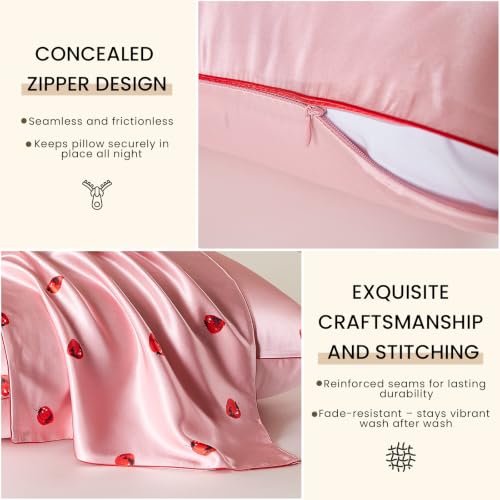 Image of THXSILK Set of 2 Pink Strawberry Heart Pattern Mulberry Silk Pillowcase for Hair and Skin, King Size 20 inchx36 inch