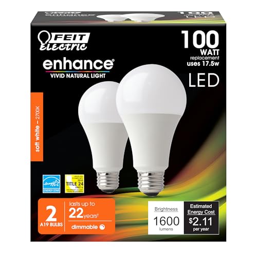 Feit Electric A19 LED Light Bulb, 100W Equivalent, Dimmable, E26 Base, CRI 90, 1600 Lumens, 2700K Soft White, General Purpose Light Bulb, 22-Year Lifetime, OM100DM/927CA/2, 2 Pack