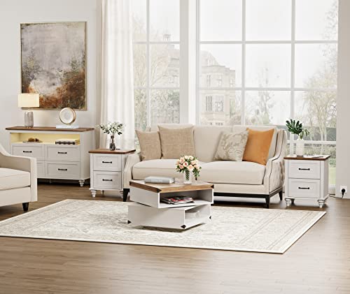 Wampat 4 Piece Living Room Table Sets, Coffee Table With Rotating Tabletop, White Dresser With 4 Drawer For Bedroom With Led Light, Set Of 2 End Tables With Charging Station, 4 Piece Living Room Set #TOP19
