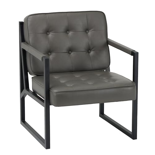 COLAMY Mid Century Modern ohrensessel, Bequeme Lounge Sessel, Brauner Leder Accent Chair, Kunstleder Empfangssessel mit Metallbeinen für Wohnzimmer Schlafzimmer Empfangsraum Wartezimmer, grau