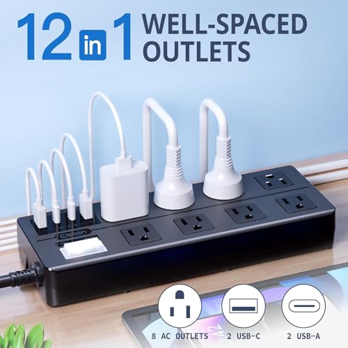 Image of IPX6 Waterproof Outdoor Power Strip, Overload Protector with 8 Wide Outlet 4 USB Ports (2A 2C), 6FT Extension Cord, Wall Mountable Weatherproof for Garden Patio Holiday Lights, UL Listed Black