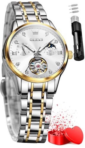 Image of OLEVS Automatic Women's Wrist Watches Luxury Diamond Tourbillon Moon Phase Two Tone Stainless Steel Mechanical Watch for Women Waterproof Luminous Dress Silver Gold Blue Ladies Watches