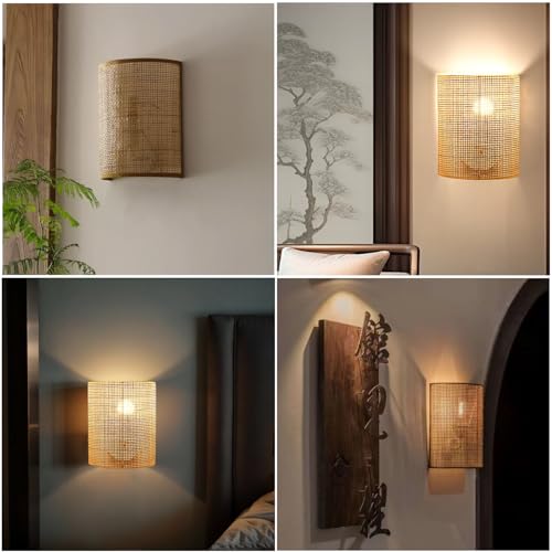 Image of Bofea-Rattan Wall Sconce Boho Wall Light Fixture with Hemp Rope Farmhouse Bathroom Vanity Light Boho Hallway Lights Fixture Hand Woven Sconces Lighting for Bedside Living Room(Style B)