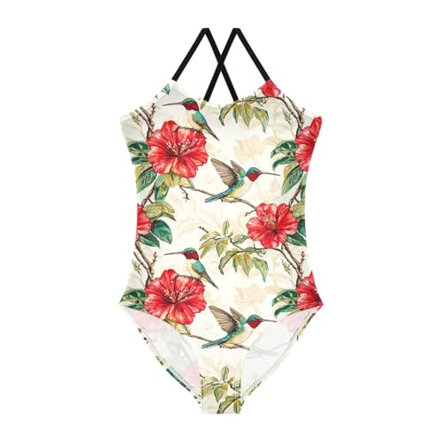 ZZKKO Hummingbird Red Flower Girls Swimsuit One Piece Bathing Suit for Baby Girls' Swimwear 3-10T