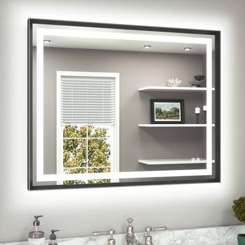 TETOTE 40 x 32 Led Mirror Brushed Black Metal Frame Frontlit & Backlit Vanity Mirror Anti-Fog Stepless Dimmable 3 Colors White/Warm/Natural Wall Mirror with Lights Wall-Mounted
