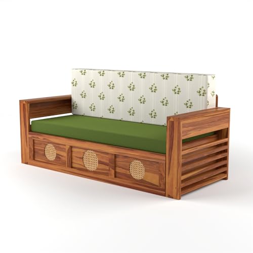 Image of Solid Sheesham Wood Sofa Bed | Contemporary Slatted Arm Design with Cane Panel | Wooden Pull-Out Sofa | Rosewood Sofa Bed with Cushions for Living Room & Bedroom (Honey Finish)