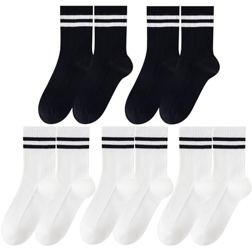 5 Pairs Solid Color Two Stripe Crew Socks Casual Athletic Socks for women Girls
