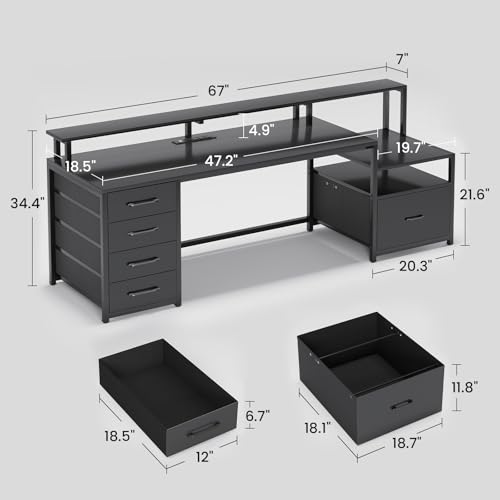 SEDETA Computer Desk with 5 Drawer, Power Outlet & Led Lights, 66'' Home Office Desk with File Drawer, Storage, Monitor Shelf, Gaming Desk, Black