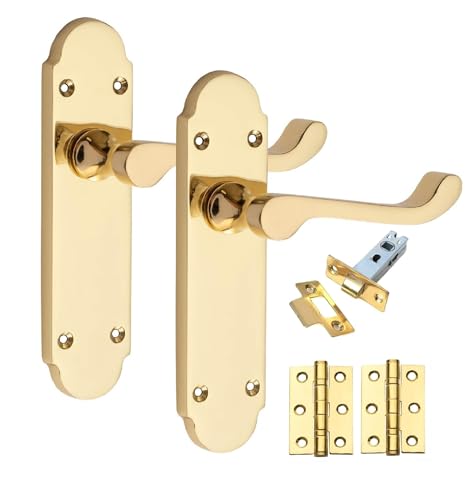 Image of 1 Pair Victorian Scroll Epsom Design Door Handle Polished Brass 168 x 40mm with 2.5" Latch & Ball Bearing Hinges