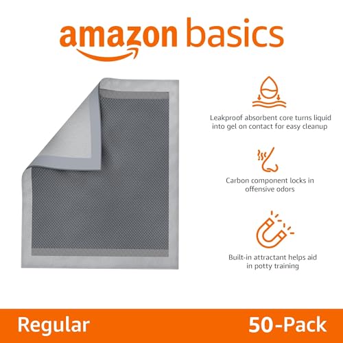 Amazon Basics Carbon Odor Control Dog and Puppy Pee Pads, 5-Layer Leak-Proof Super Absorbent, Quick-Dry Surface for Potty Training and Housebreaking, X-Large Size 28"x34", Gray, 50 Count view 2
