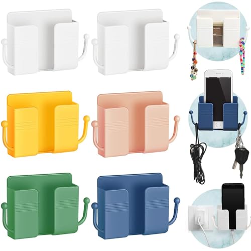 Wall Mount Phone Holder with Hooks, 6 Pcs Self-Adhesive Wall Organizer Storage Box, Wall-Mounted Phone Charging Stand Remote Control Brackets Holder for Bedroom Bathroom Office and More
