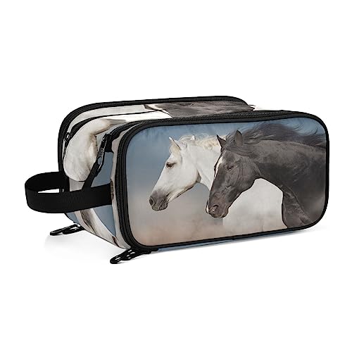 Kulturbeutel Schwarzes und weißes Pferd Große Kosmetiktasche Kulturtasche Waschtasche Make Up Tasche Waschbeutel Schminktasche für Damen Mädchen
