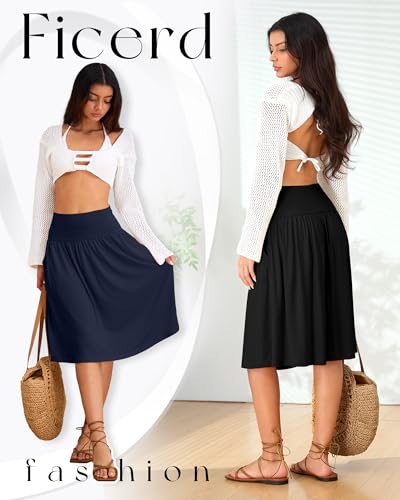 Ficerd 3 Pack Women's Knee Length Casual Skirts with Pockets, Flared High Waisted Midi Pleated Flowy a Line Summer Skirts4