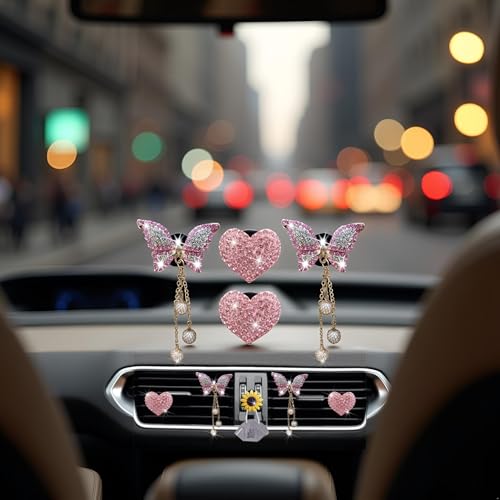 Image of 4 Pcs Pink Heart and Butterfly Pandent Air Vent Clips, Bling Heart Air Fresheners Vents Clips Diamond Car Interior Decor Bling Cute Car Accessories + Sunflower Mask Hook