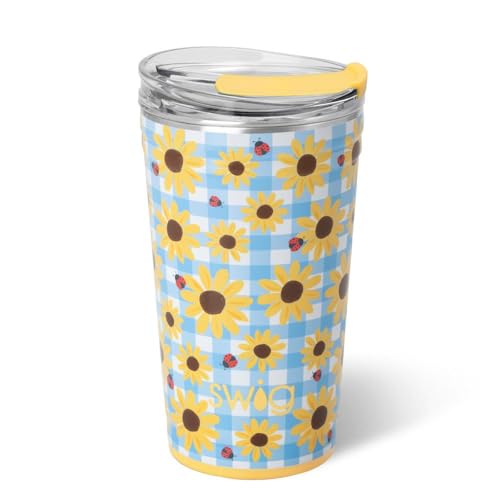 Swig Life 24oz Party Cup, Stackable Insulated Travel Coffee Tumbler with EZ Slider Lid, Cup Holder Friendly, Stainless Steel 24 oz Tumbler, Reusable Coffee Mug (Picnic Basket)