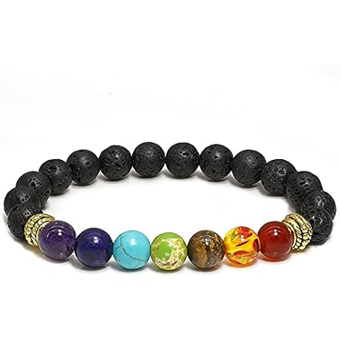Chamqueen Yoga Beads Bracelet 7 Chakra Aromatherapy Essential Oil Diffuser Elastic Natural Volcanic Stone Bracelet for Women Men Gold Cover