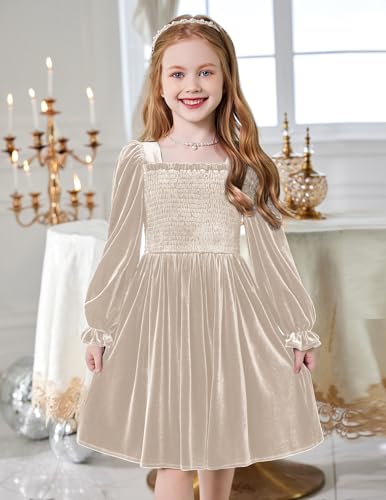 Arshiner Toddler Velvet Dress Girls Smocked Square Neck Puff Long Sleeve Party Dresses with Pockets 3-8Y2