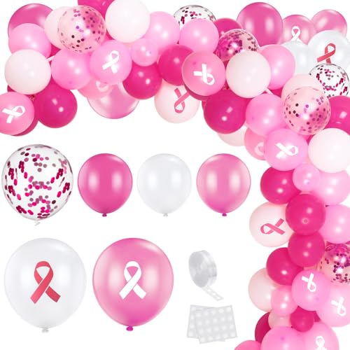 HyDren 108 Pieces Breast Cancer Awareness Decorations Balloons Arch Garland Kit 12 10 5 Inch Pink White Confetti Latex Pink Ribbon Foil Balloons for Pink Ribbon Party Decoration Supplies