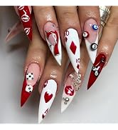 IMRAIN Long Press on Nails Stiletto Fake Nails White Red Poker Patterns Designs Glossy Full Cover...