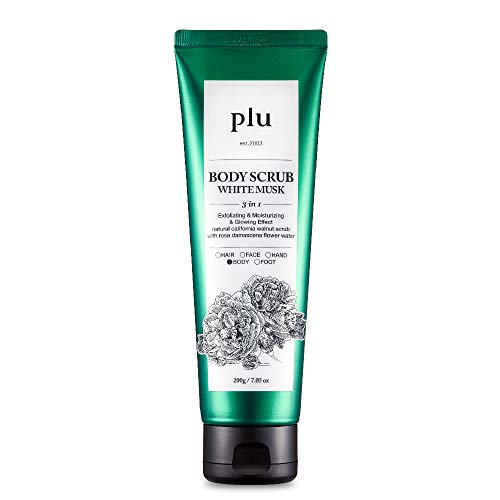 plu Walnut Body Scrub, 3-in-1 Total Care Solution, Exfoliate Moisturize and Glow, 2019 USA Version [White Musk/200g]
