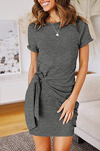 Merokeety Women's Short Sleeve Crew Neck T Shirt Dress Tie Waist Ruched Bodycon Mini Dress Darkgrey #TOP1