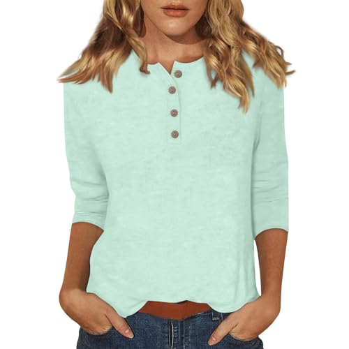 3/4 Sleeve T Shirts for Women Crew Neck Button Down Blouses Dressy Casual Business Henley Daily Tees Fall Fashion