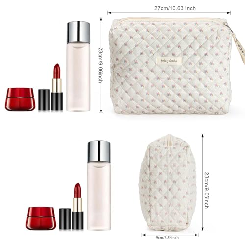 Sightor Cotton Makeup Bag, Kawaii Floral Cosmetic Bag Large Travel Toiletry Bag, Quilted Cosmetic Pouch for Women (Beige)2