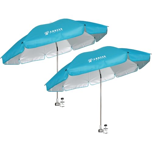 AMMSUN Chair Umbrella with Universal Clamp Adjustable 47 inches and 360 Swivel & UPF 50+ Protection Portable Sun Umbrella Secure Clip on Camping/Beach Chairs Stroller Wheelchair Golf cart Lounger Light Blue 2 PACK